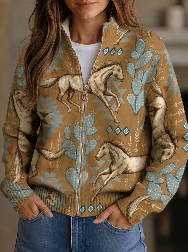 Bomber da donna beige con motivi di cavalli e cactus