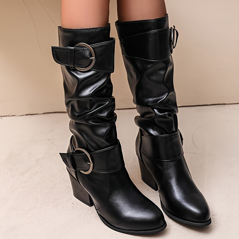 Bottes Femme mi-mollet plissées avec boucles décoratives et talon épais