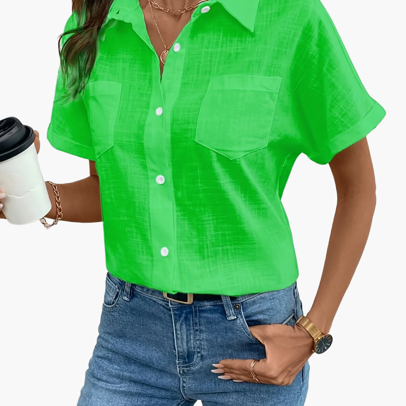 Camisa casual de mujer con mangas cortas y estampado de pájaros para un look chic primavera verano