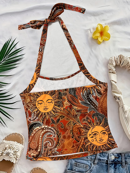 Damen-Top mit Rückenausschnitt im Vintage-Boho-Stil mit Sonne- und Mond-Motiv für den Sommer