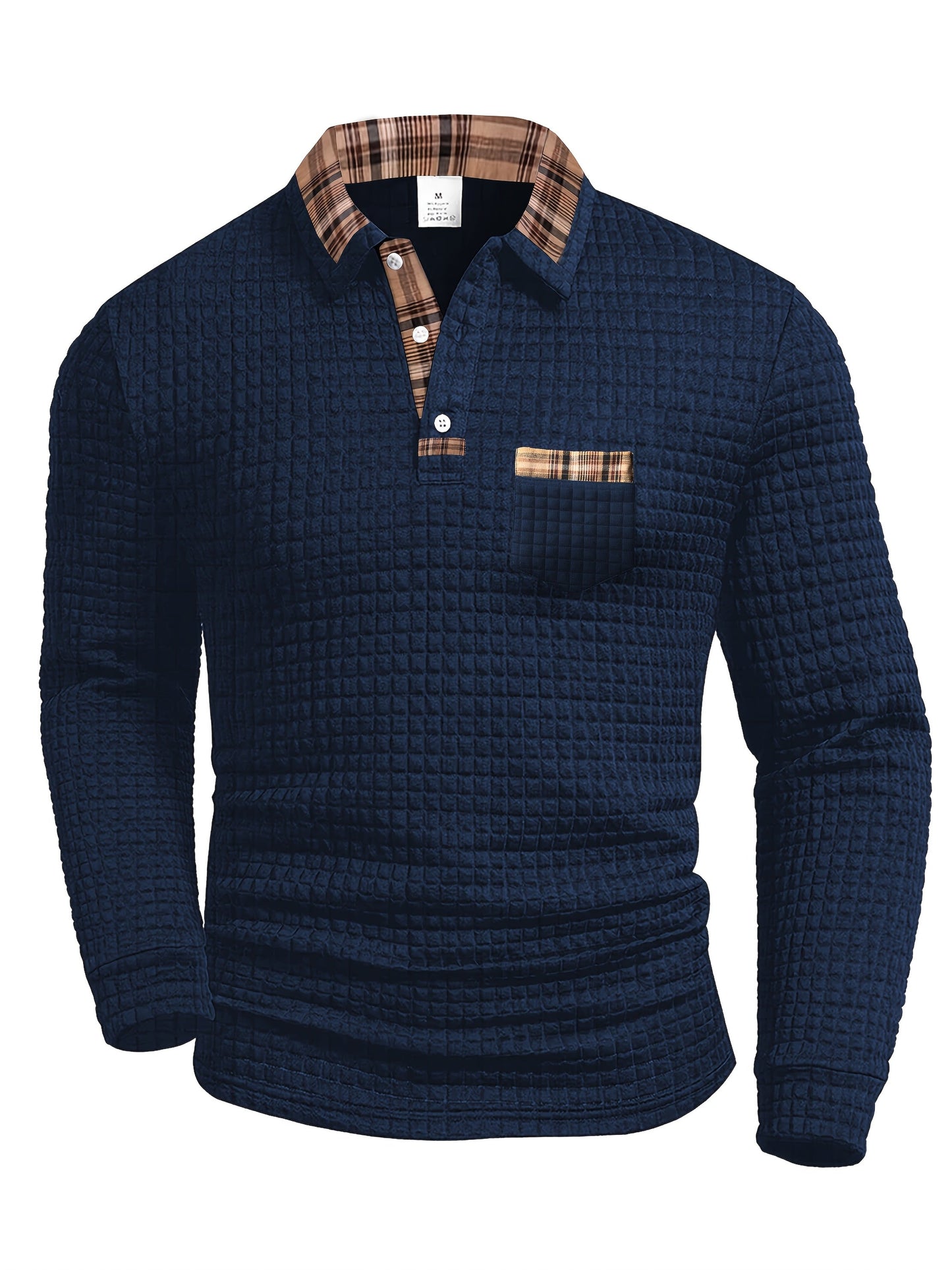 Polo homme à manches longues texturé motif gaufré avec col et poche à carreaux