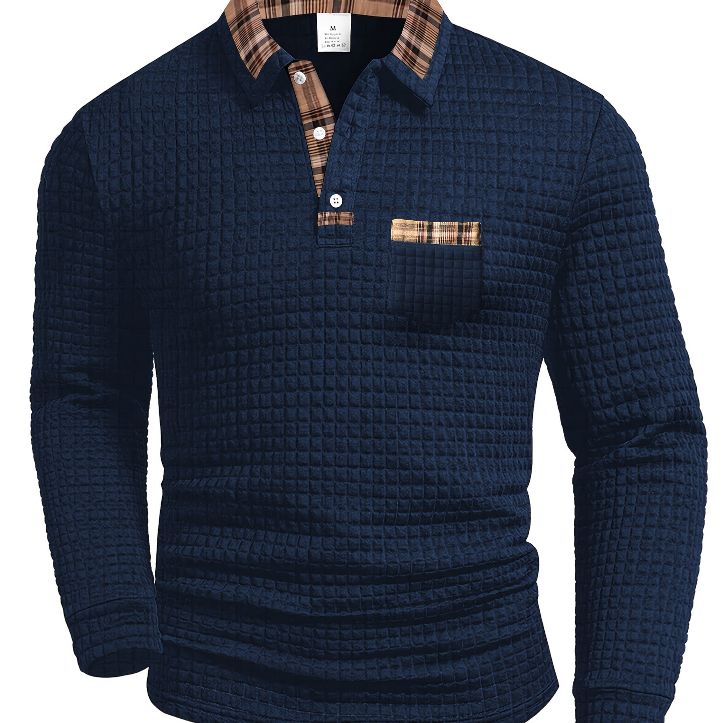 Polo homme à manches longues texturé motif gaufré avec col et poche à carreaux