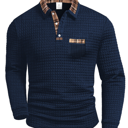 Polo homme à manches longues texturé motif gaufré avec col et poche à carreaux