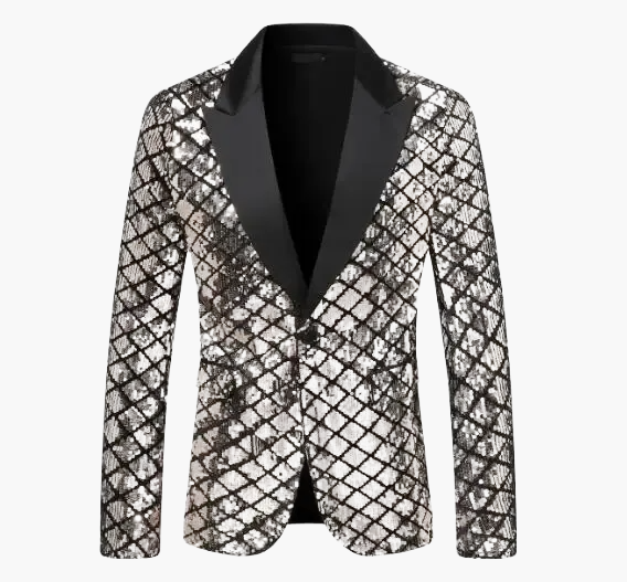 Giacca da sera uomo stile smoking, motivo geometrico brillante, ideale per feste ed eventi eleganti