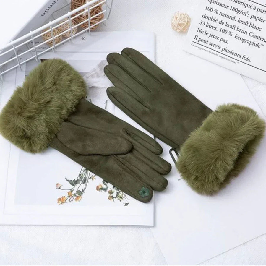 Gants Femme Hiver Aspect Suédé avec Bordure Fausse Fourrure Rose Poudré