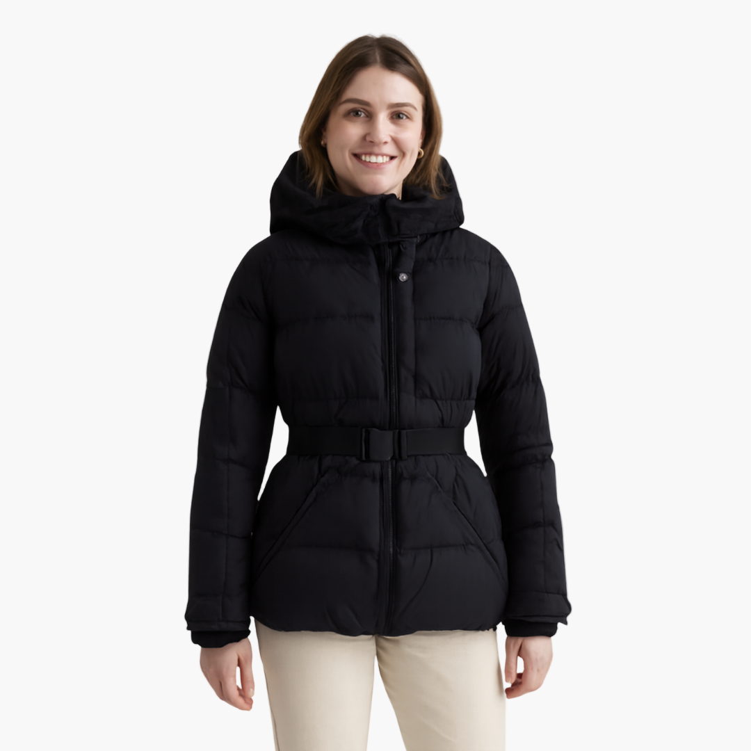 Chaqueta acolchada elegante para mujer con capucha y cinturón – Estilo moderno para el invierno