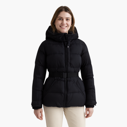 Chaqueta acolchada elegante para mujer con capucha y cinturón – Estilo moderno para el invierno