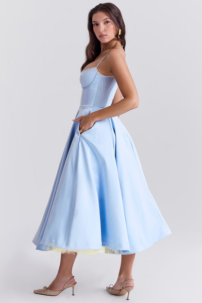 Robe de soirée élégante femme style princesse bustier jupe midi évasée