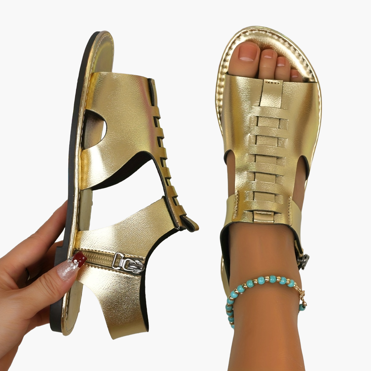 Sandales plates d'été pour femme style gladiateur à bout ouvert avec fermeture éclair