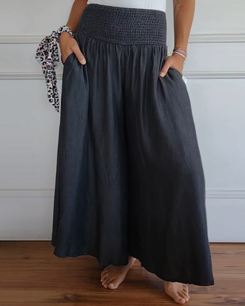 Pantaloni larghi a vita alta stile bohémien per donna, taglio fluido e comodo, ideali per tutti i giorni e il relax