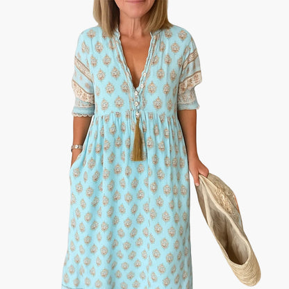 Robe mi-longue bohème pour femme, style décontracté avec imprimé et poches