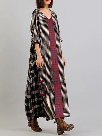 Abito lungo vintage a quadri per donna, stile ampio e informale, scollo a V, maniche lunghe, ideale per un aspetto bohémien elegante