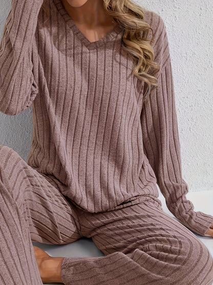 Ensemble détente côtelé Femme col V, pantalon large et haut manches longues