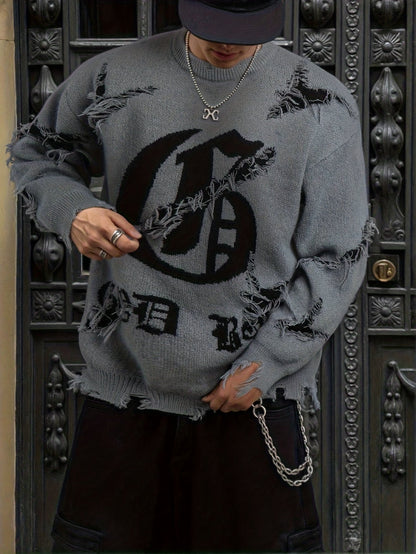 Pull homme gris déchiré oversize avec motif graphique