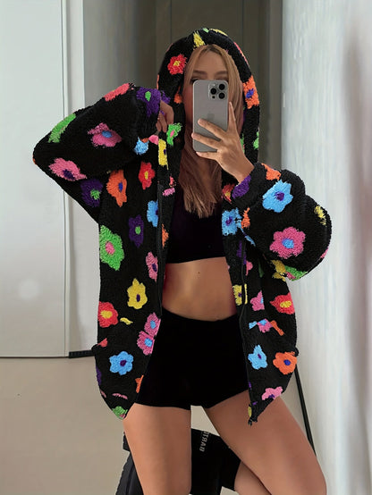 Veste à capuche douce motif fleurs colorées pour femme