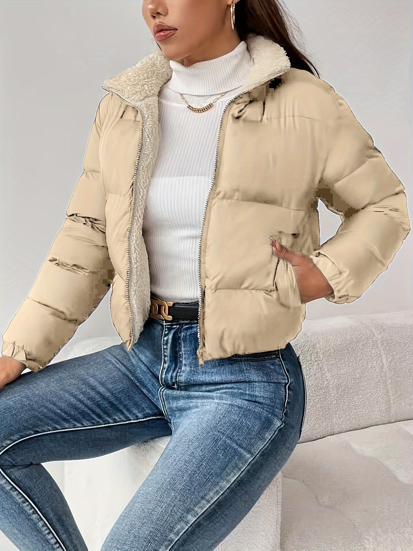 Doudoune Courte Femme Matelassée Col Montant Doublure Douce Noir