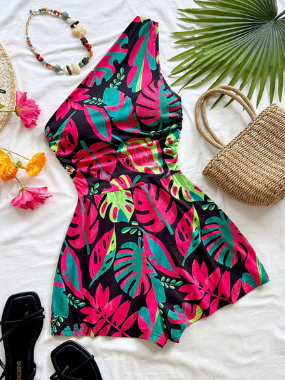 Damen Jumpsuit mit Shorts, einseitig, tropischer Chic für den Sommer