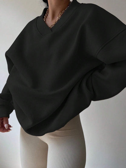 Pull col V femme noir décontracté manches longues
