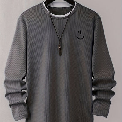 Pull homme texturé gaufré manches longues imprimé smiley col rond