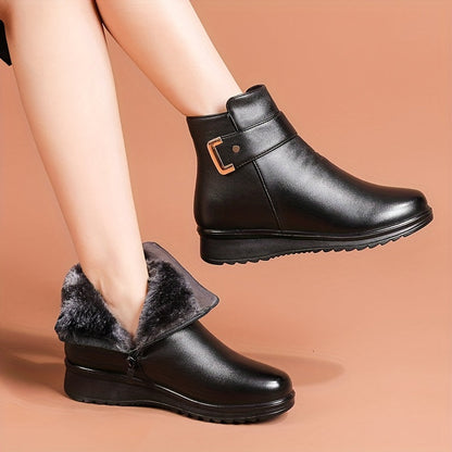 Bottines Femme doublées Chaudes Marron avec Sangle et Boucle Dorée