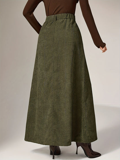 Jupe longue côtelée femme vert olive taille haute décontractée avec poches