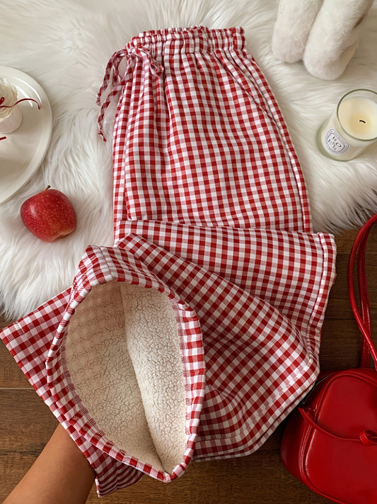 Pantalon de pyjama Doux Vichy Carreaux Rouges et Blancs Doublé Polaire pour Femme
