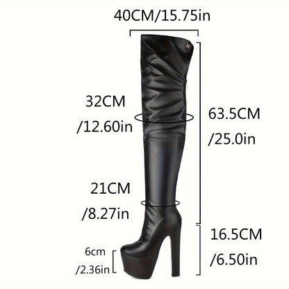 Bottes Noires Cuissardes à Talon Bloc Haut et Plateforme Épaisse