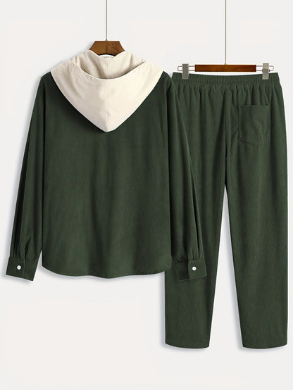 Ensemble Homme Côtelé Chemise à Capuche et Pantalon Couleur Unie