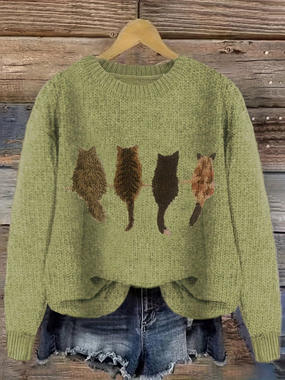 Pull en maille femme col rond à motif chats manches longues