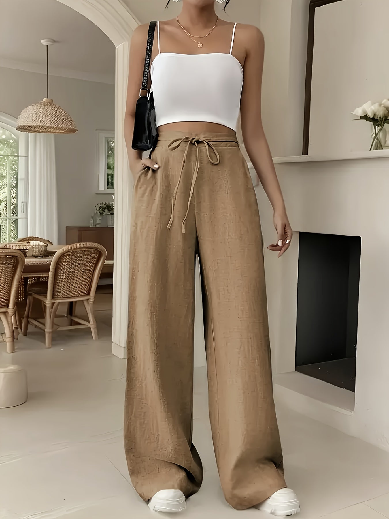 Luźne spodnie damskie z sznurkiem w pasie – Styl casual i modny
