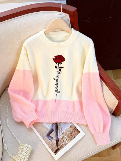 Sweat-shirt bicolore blanc rose imprimé rose rouge et texte col rond