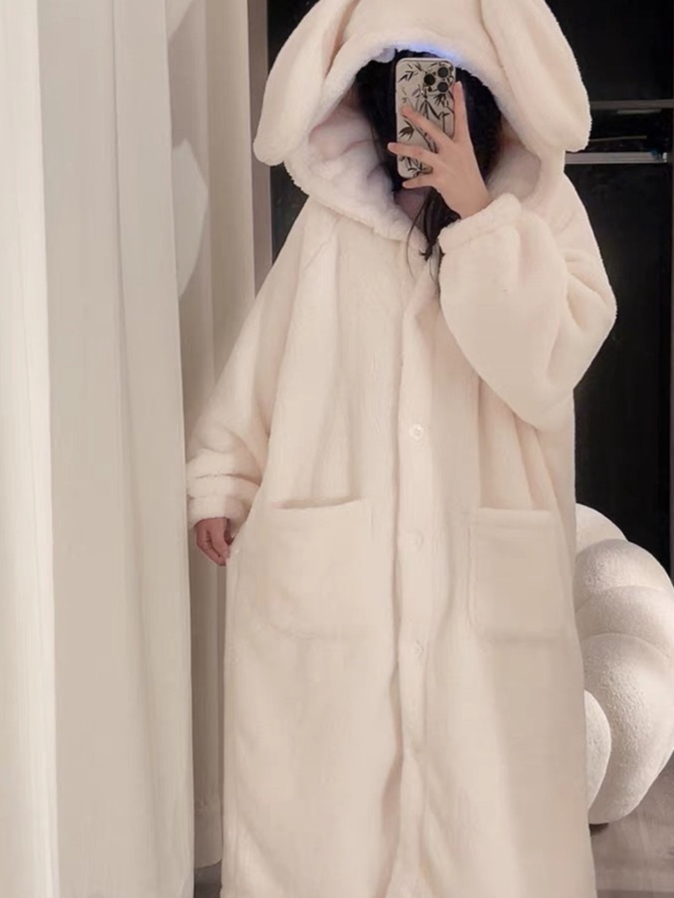 Robe de chambre longue Femme à capuche Oreilles de lapin Blanc cassé Doux Polaire