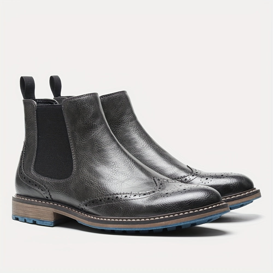 Bottes Chelsea Homme Marron Brogue Détails Perforés Élastiques Latéraux Semelle Bleue