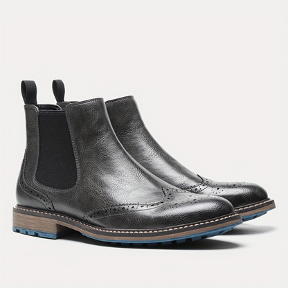 Bottes Chelsea Homme Marron Brogue Détails Perforés Élastiques Latéraux Semelle Bleue