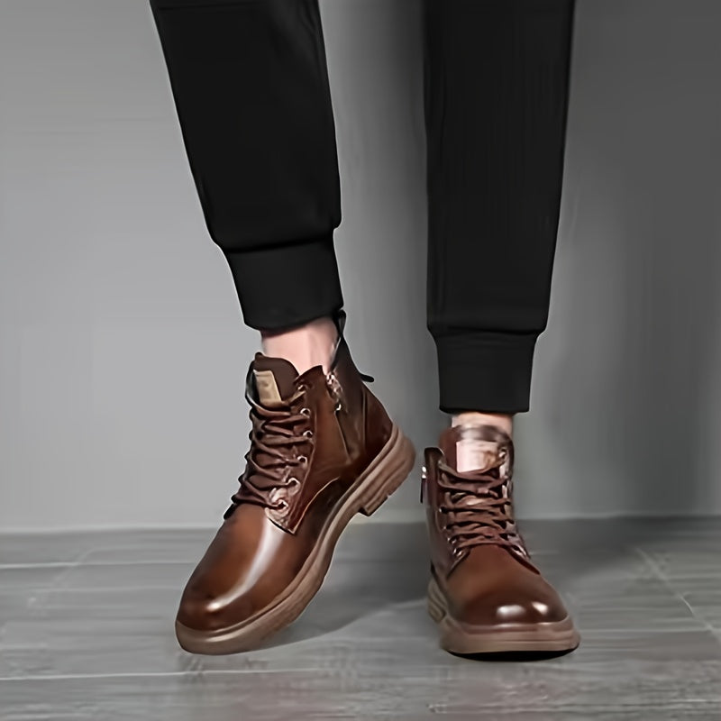 Bottes montantes homme marron foncé lacets, fermeture éclair latérale, semelle épaisse