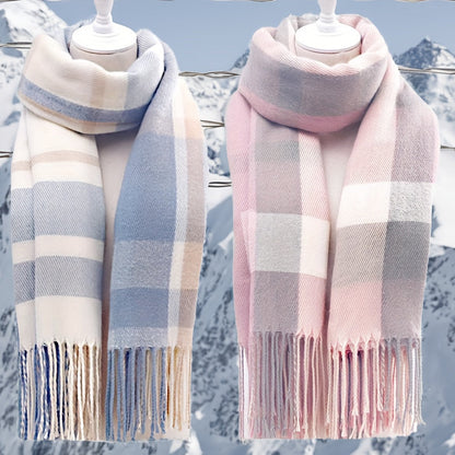 Écharpe douce à carreaux motif plaid avec franges - Rose et gris