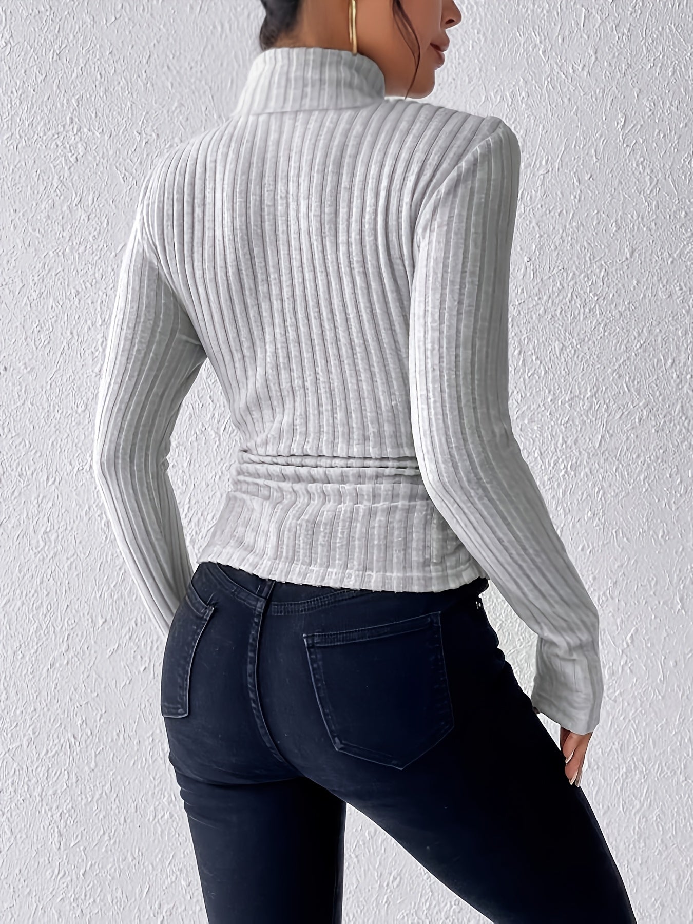 Haut côtelé à col montant pour femme, manches longues, ajusté, vert kaki, gris clair et beige