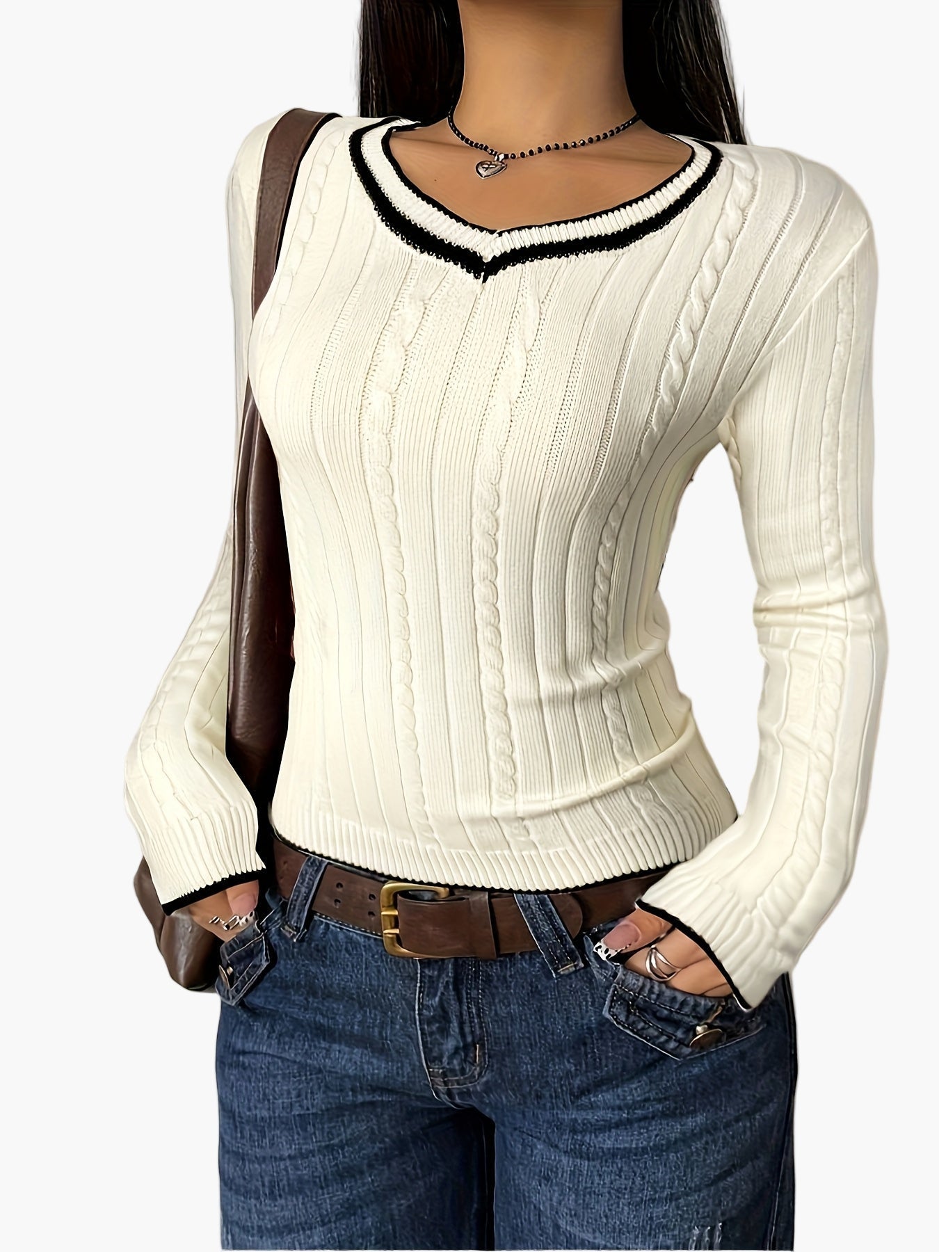 Damtröja med V-ringning och ribbad effekt i casual chic stil