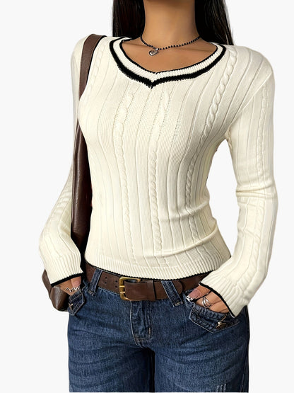 Damtröja med V-ringning och ribbad effekt i casual chic stil