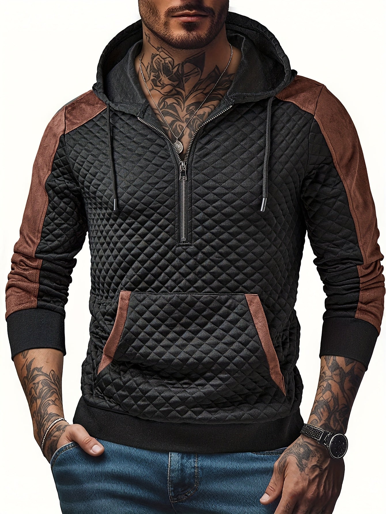 Sweat à Capuche Homme matelassé Noir Marron à Demi-Zip