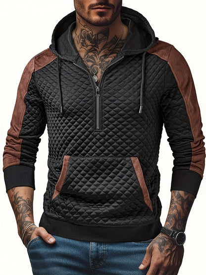 Sweat à Capuche Homme matelassé Noir Marron à Demi-Zip