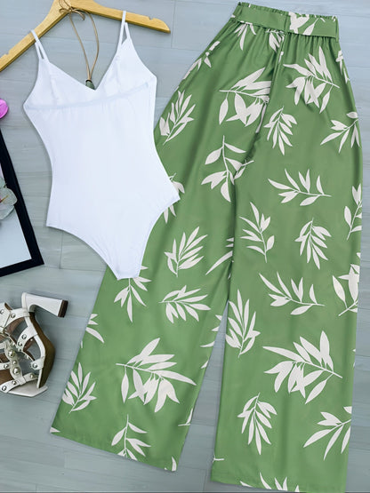 Elegante Damenweite Hose mit Blattmuster für Frühling und Sommer  