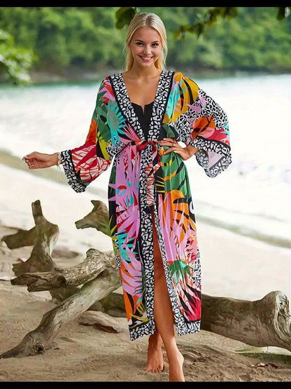 Kimono Long de Plage pour Femme Style Tropical Graphique et Animalier - Idéal Vacances et Bord de Mer