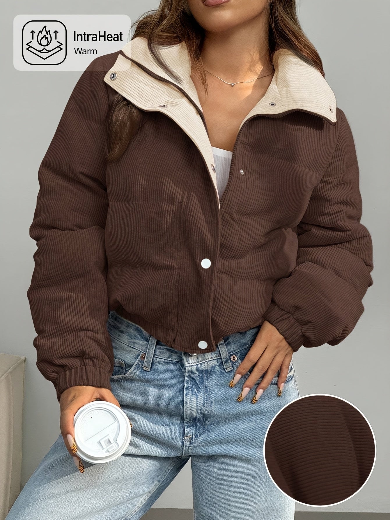 Doudoune courte femme côtelée réversible beige et rose clair avec col montant