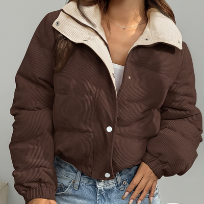 Doudoune courte femme côtelée réversible beige et rose clair avec col montant