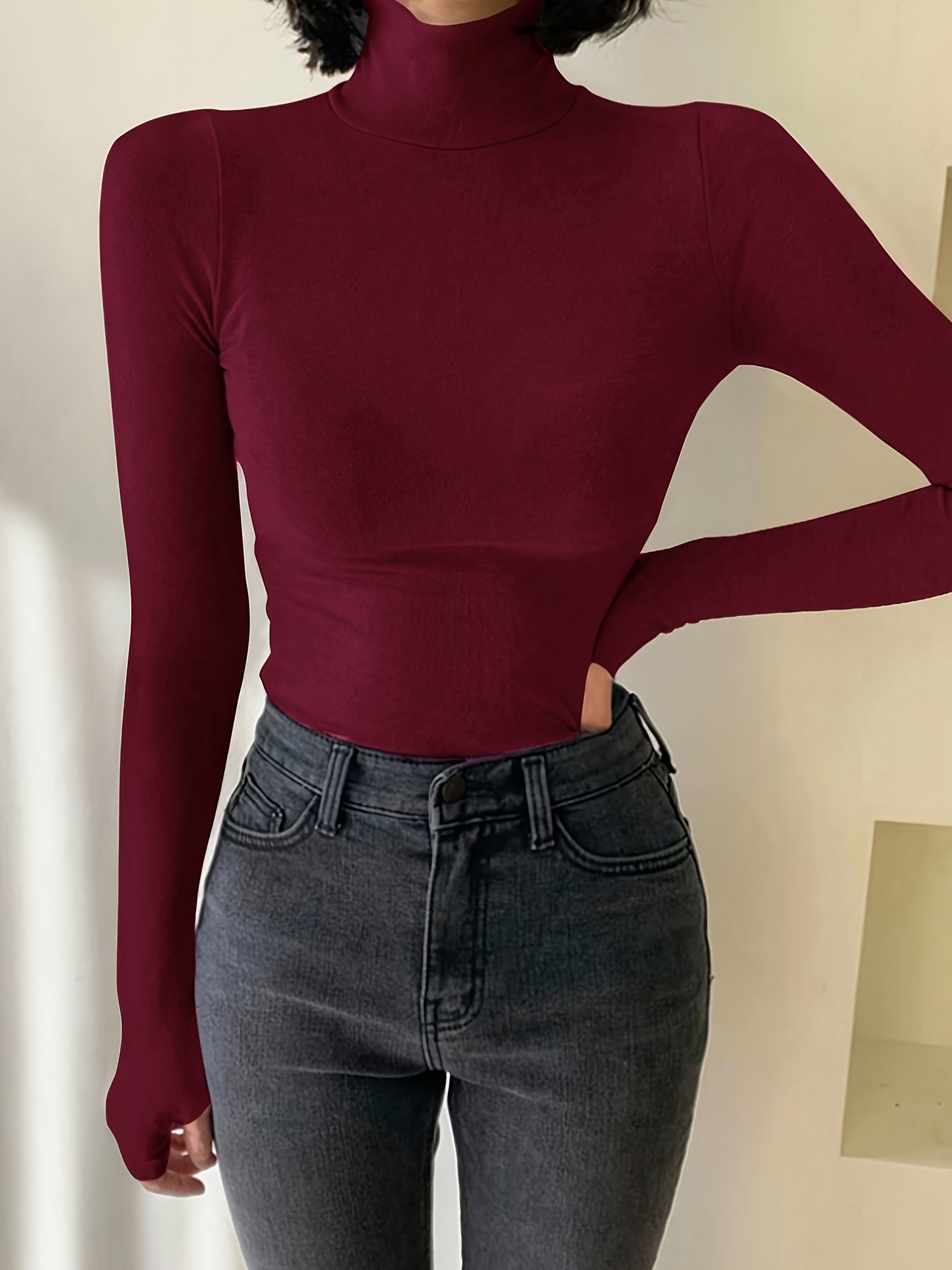 T-shirt Femme Col Roulé Manches Longues avec Trous pour Pouces Chaud Doux Couleur Unie