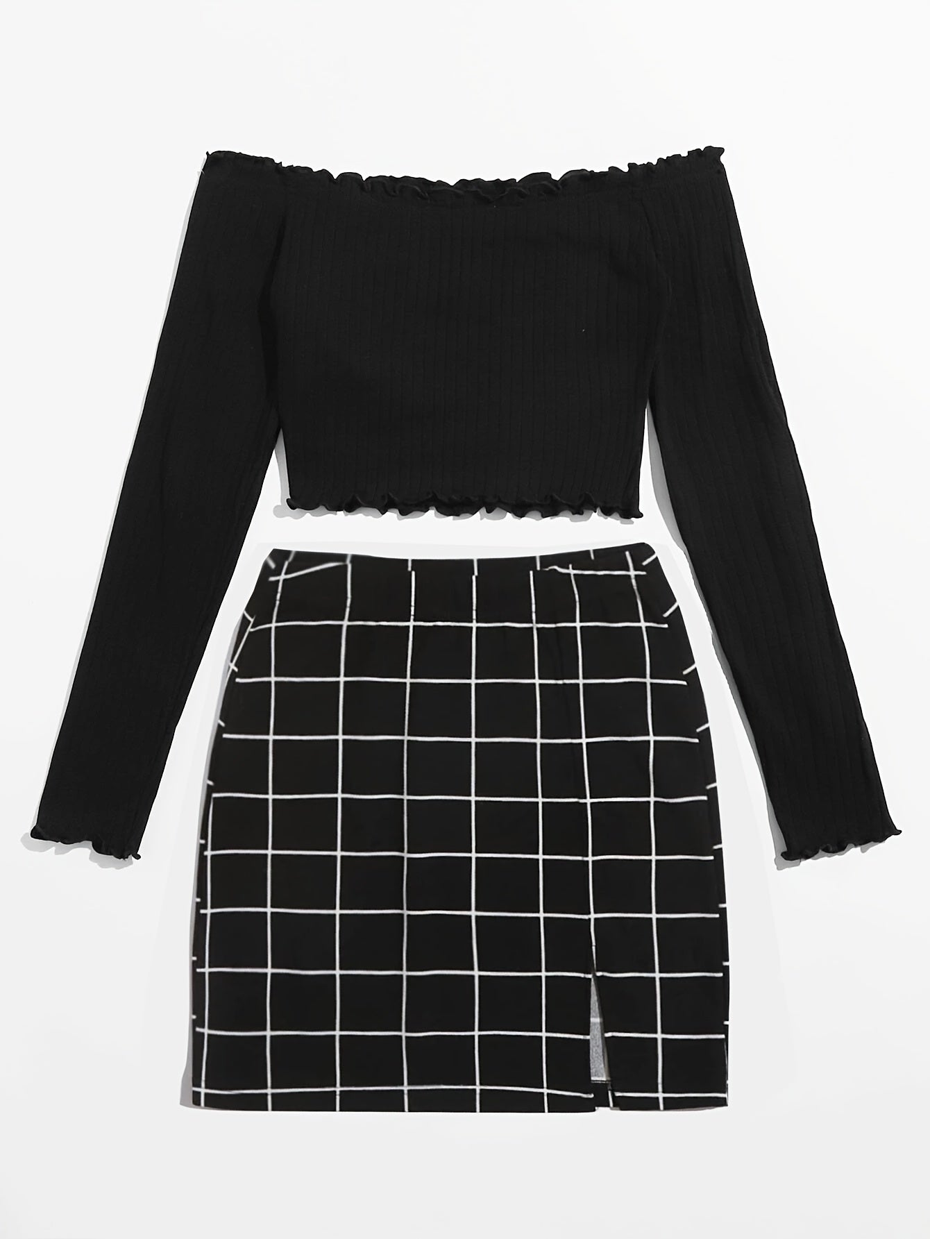 Ensemble Femme Chic à Carreaux Style Épaule Dénudée – Idéal Printemps Été