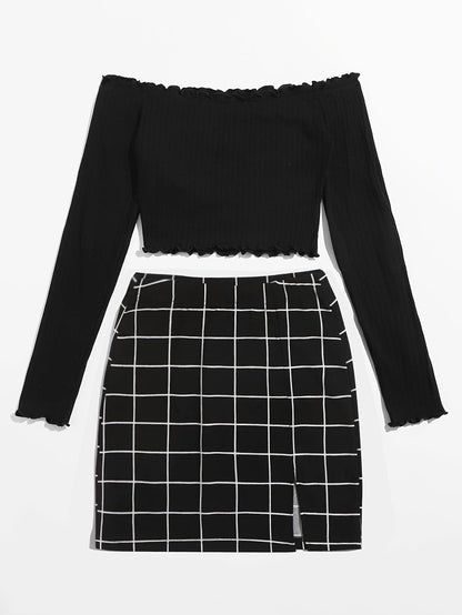 Ensemble Femme Chic à Carreaux Style Épaule Dénudée – Idéal Printemps Été
