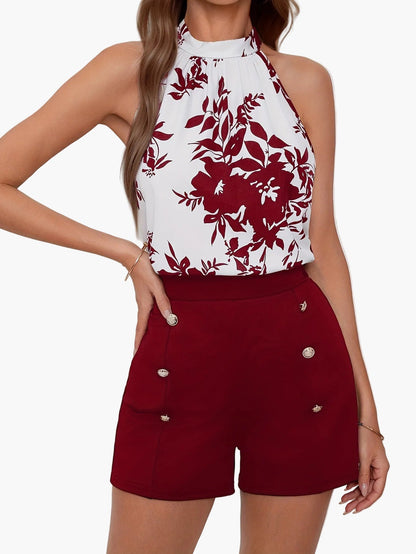 Geblümter Damen-Shorts-Jumpsuit mit Stehkragen, eleganter Urlaubsstil
