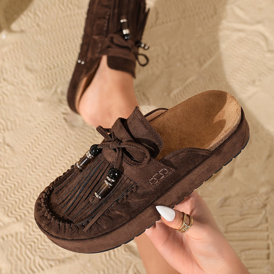 Mules Femme Style Bohème à Franges et Perles – Sandales Confort Été Mode Décontractée